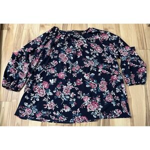 LANE BRYANT BLUE FLORAL TIERED 3/4 SLEEVE V-NECK BLOUSE Top Sz 22/24